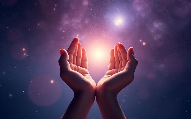 Hands reaching towards a star-filled sky, symbolizing cosmic alignment