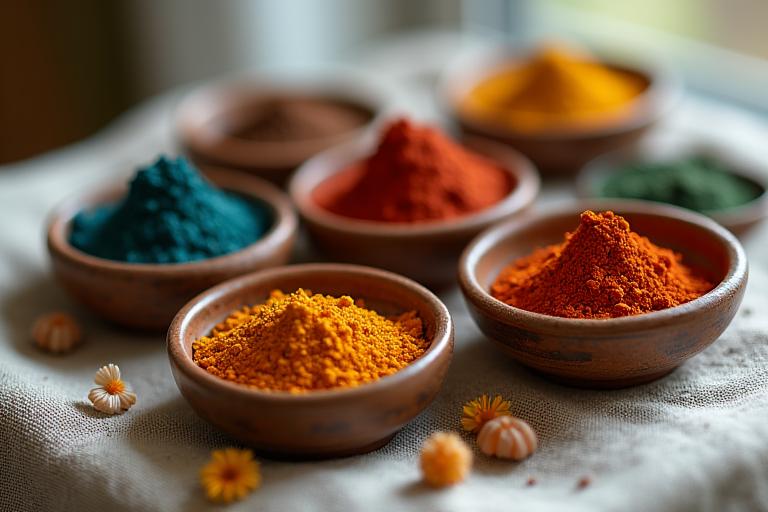 Close-up view of ethically sourced raw earth pigments in various natural colors, displayed in small bowls.