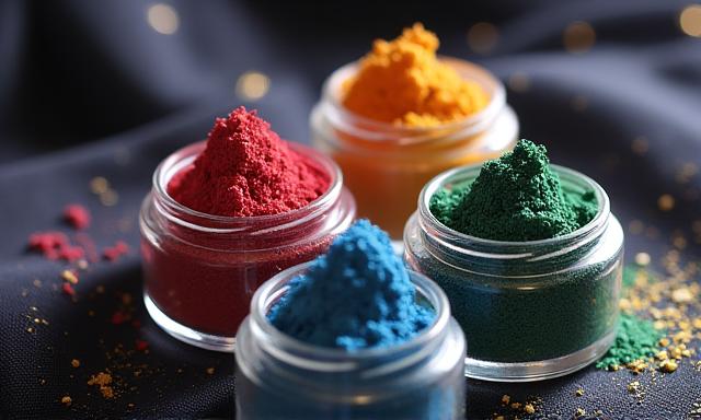 A vibrant set of mineral pigments in small glass jars, symbolizing planets.