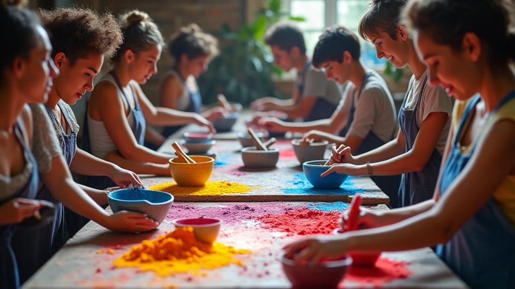 Participants mixing pigments joyfully