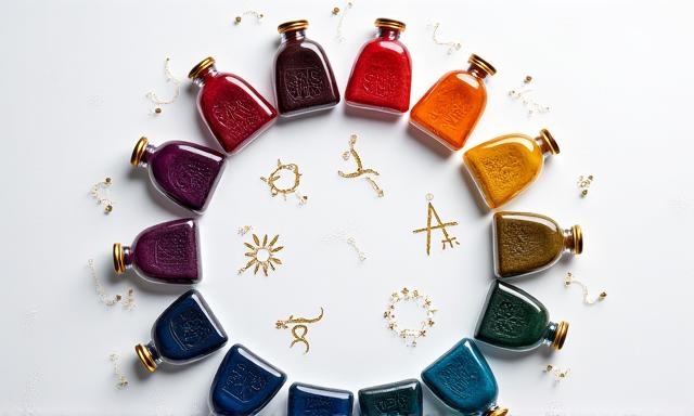 A collection of twelve natural dyes, each labeled with a zodiac sign and representative color.